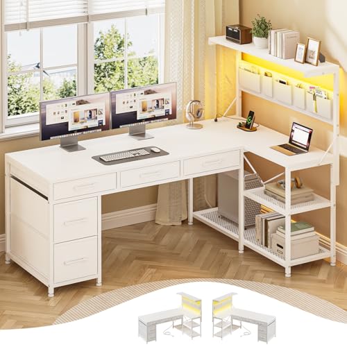 Black L Shaped Gaming Desk with 5 Drawers, Storage Shelves, LED Lights, Power Outlets and Storage Bag N67449