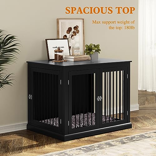 Large Wooden Dog Crate with Cushion and Flip Top, Black A23392