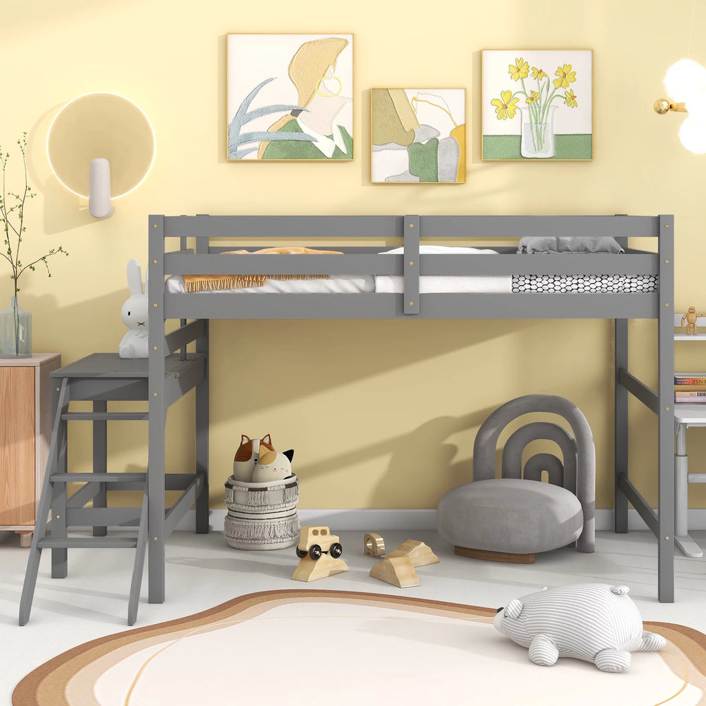 Gray Full Wood Loft Bed with Safety Rail and Ladder H69359