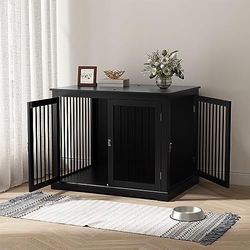 Large Wooden Dog Crate with Cushion and Flip Top, Black A23392