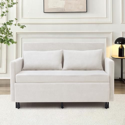 3-in-1 Sleeper Sofa Bed, 51'' Convertible Folding Couch with Pullout Bed, Chenille Futon Sleeper Sofa with Side Table and 2 Pillows, Grey A67760