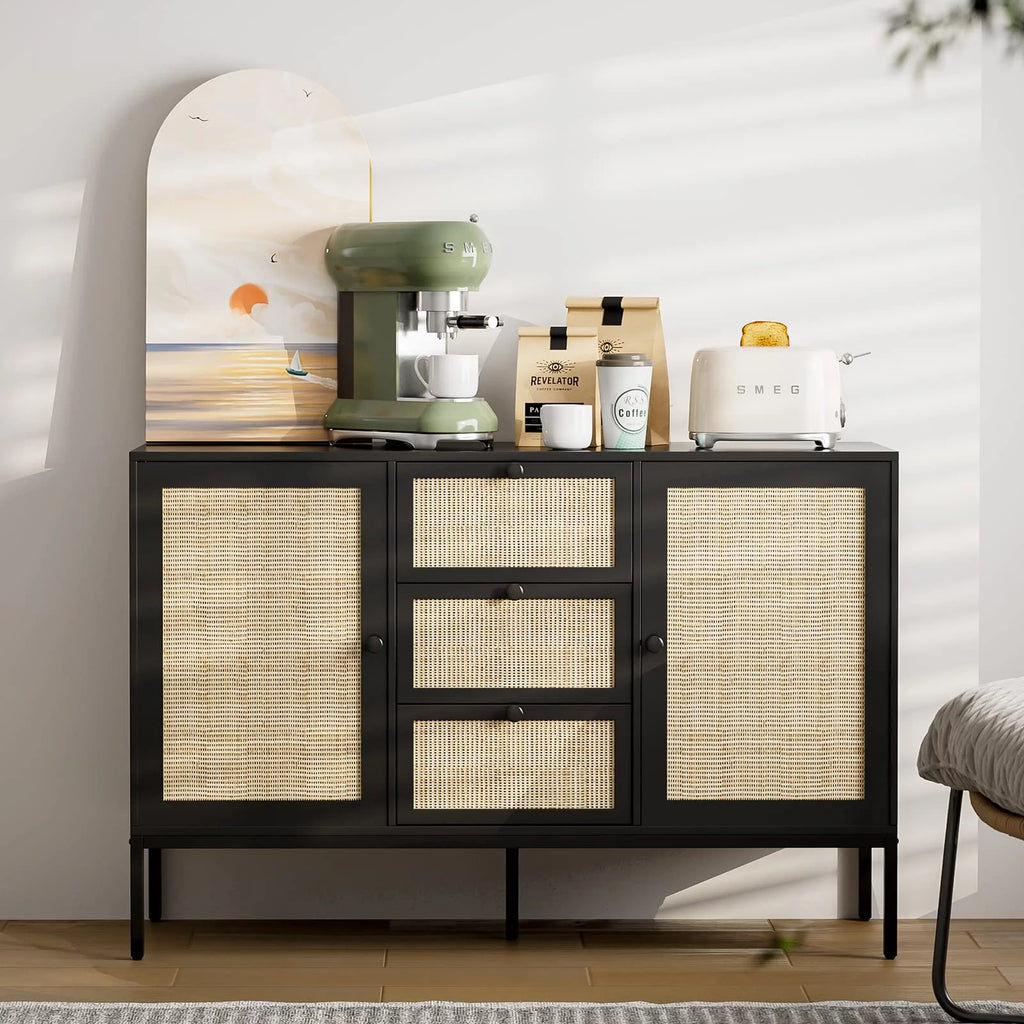 Black Rattan Sideboard Cabinet with 3 Drawers and 2 Doors G3654