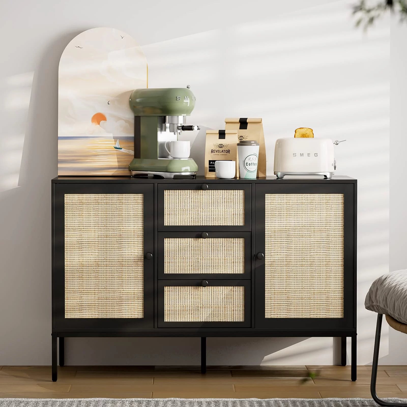 Black Rattan Sideboard Cabinet with 3 Drawers and 2 Doors G3654