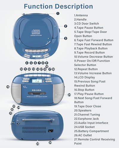 Boombox CD Player Cassette Player AM FM Radio with Bluetooth A7913