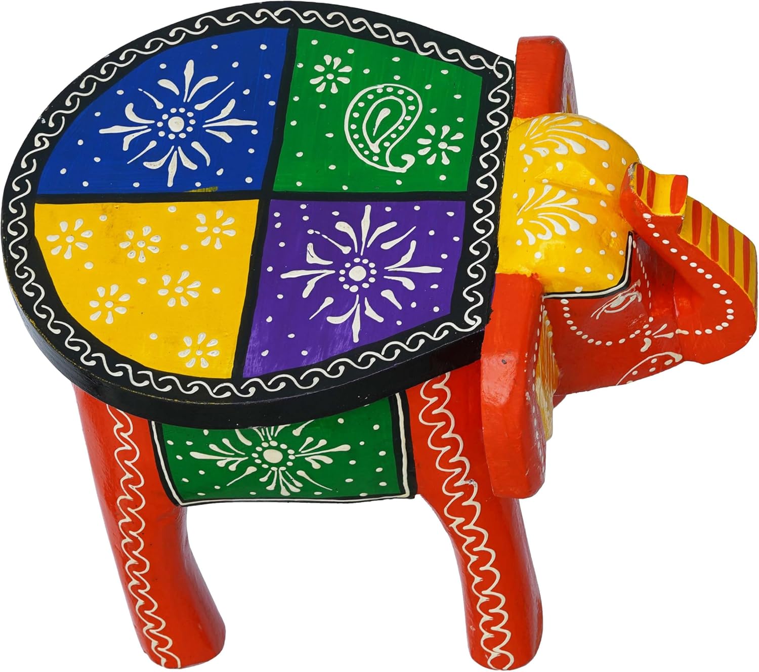 Handcrafted Emboss Painted Colorful Wooden Elephant Shape Stool Table Medium V780167