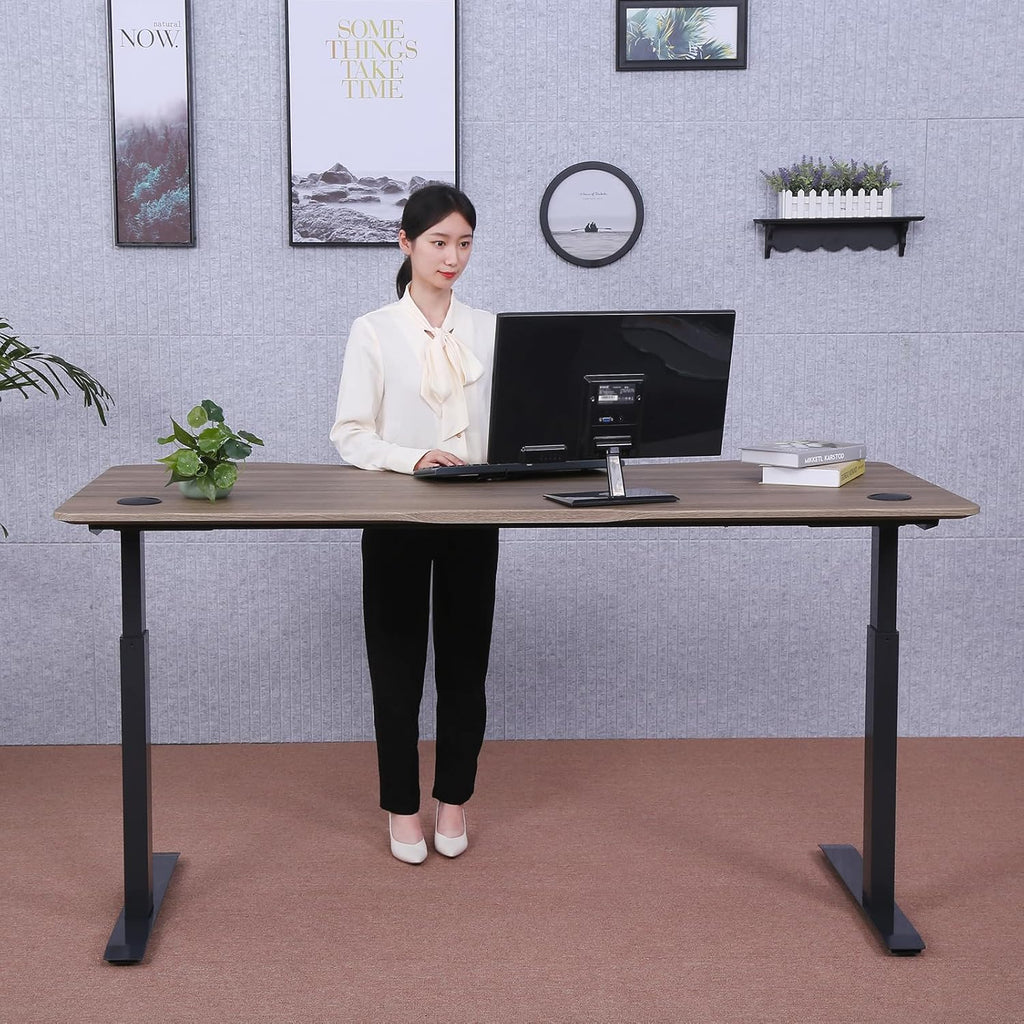 71" x 33" Electric Height Adjustable Desk with Curved Teak Top and Black Frame R880