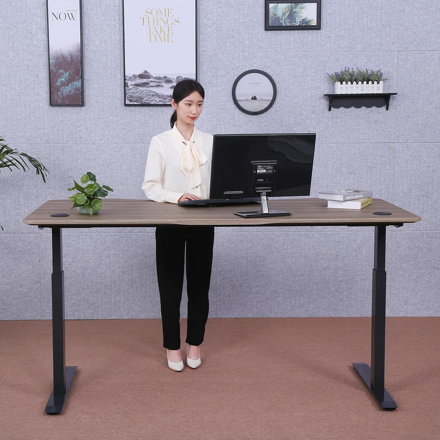 71" x 33" Electric Height Adjustable Desk with Curved Teak Top and Black Frame R880