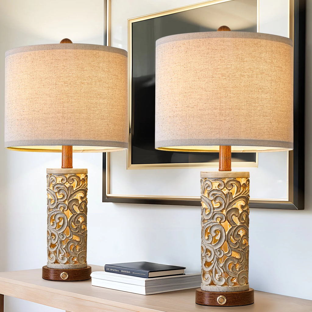 Rustic Table Lamp Set of 2 3 Way Dimmable 22" with 2 USB Ports P69768