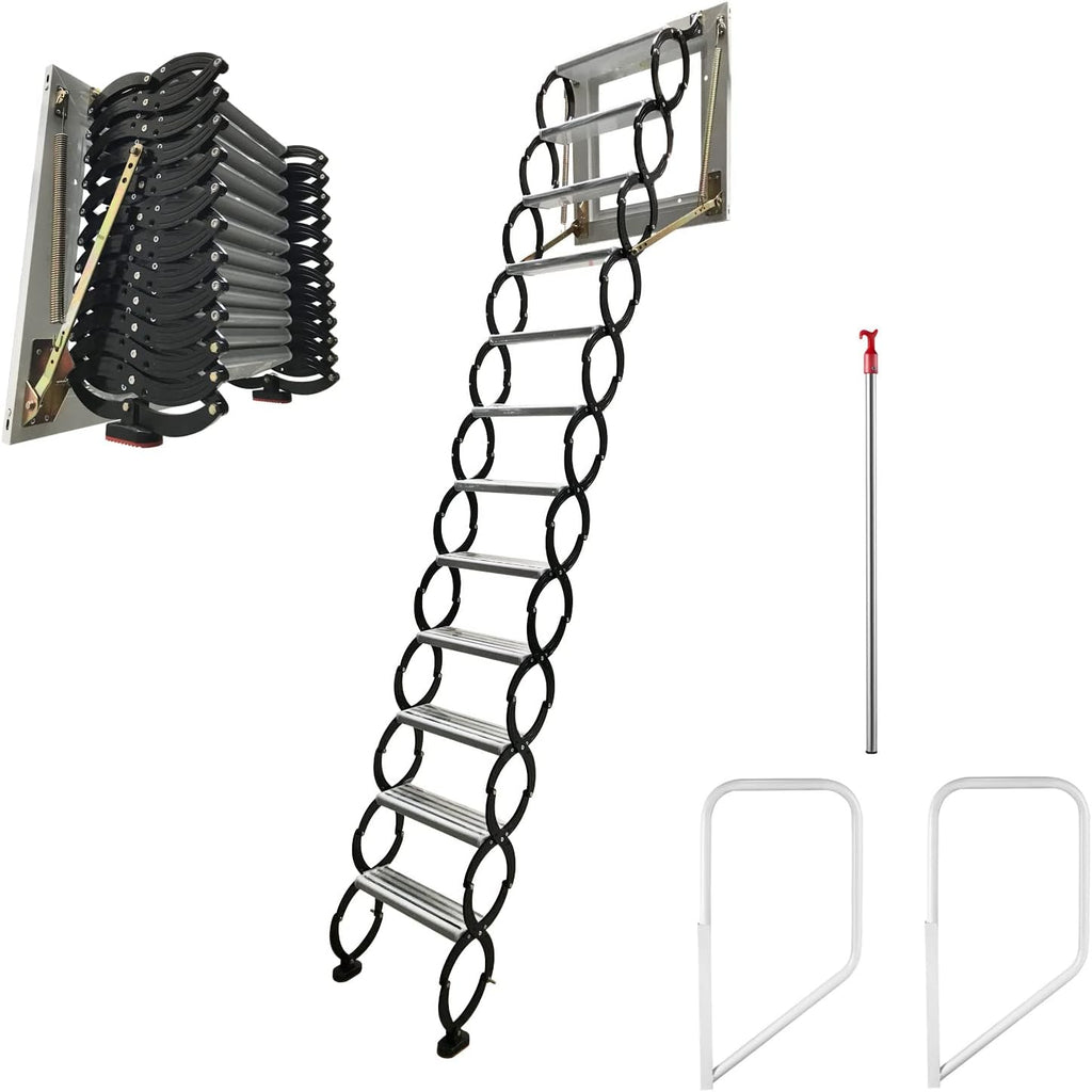 Black Wall-mounted Folding Attic Ladder, 9.8 feet Height, Ti-Mg Alloy O96173