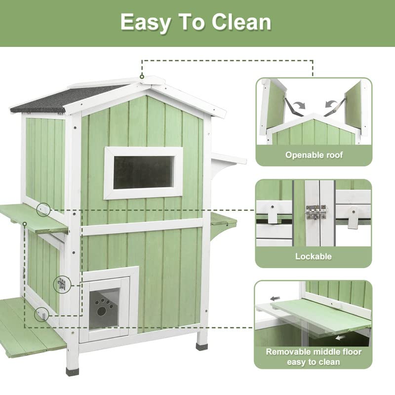 Outdoor Cat Shelter Weatherproof Two Story Wooden Cat House with Openable Roof Escape Door A940511