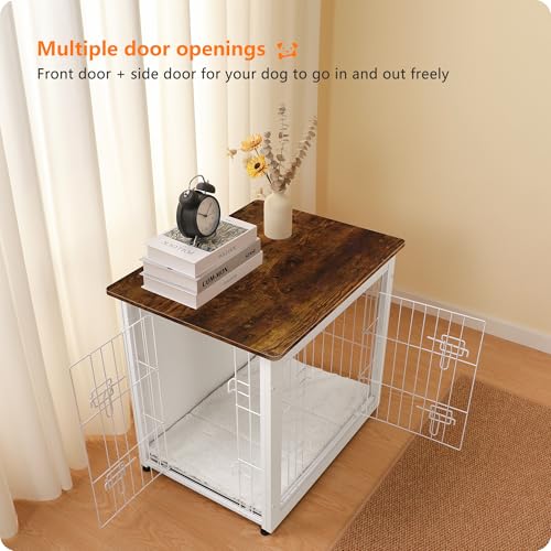 Dog Crate Furniture with Cushion, Wooden Kennel Table with Double Doors, Dark Gray H39636
