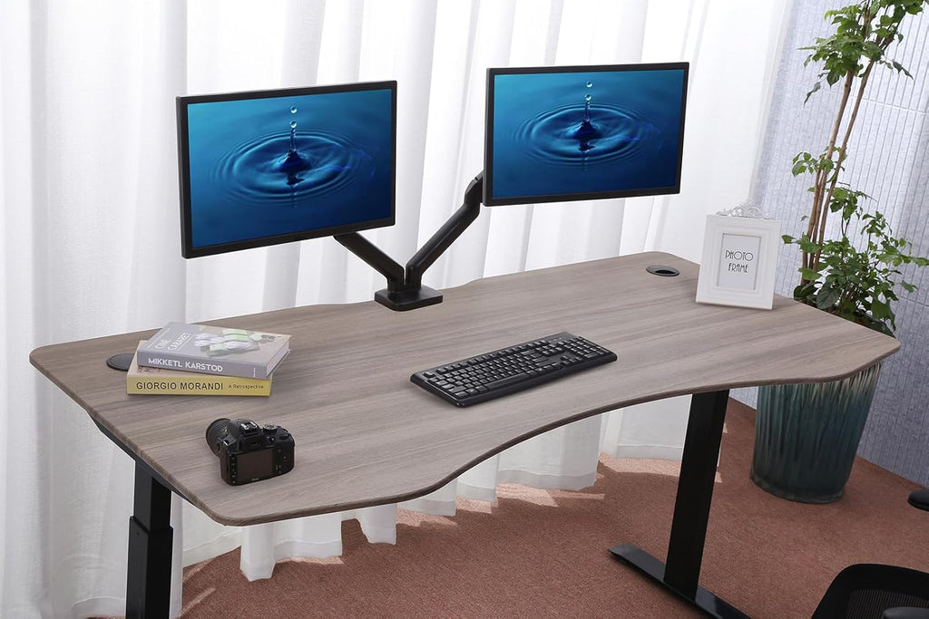 71" x 33" Electric Height Adjustable Desk with Curved Teak Top and Black Frame R880
