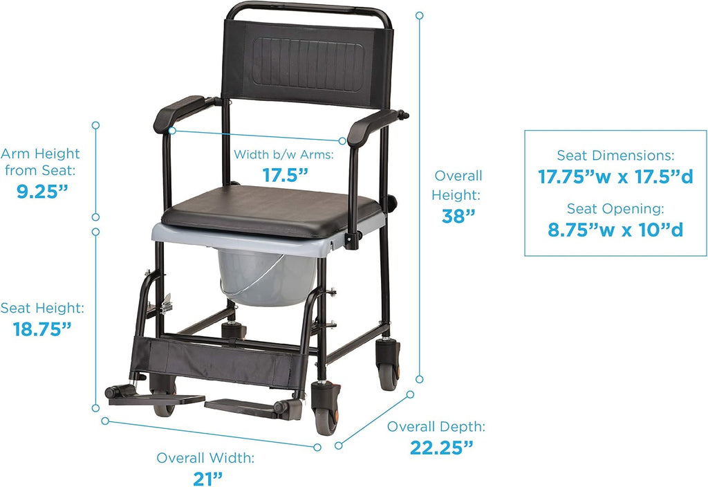 Hammertone Transport Chair Commode with Locking Wheels and Removable Padded Seat A220