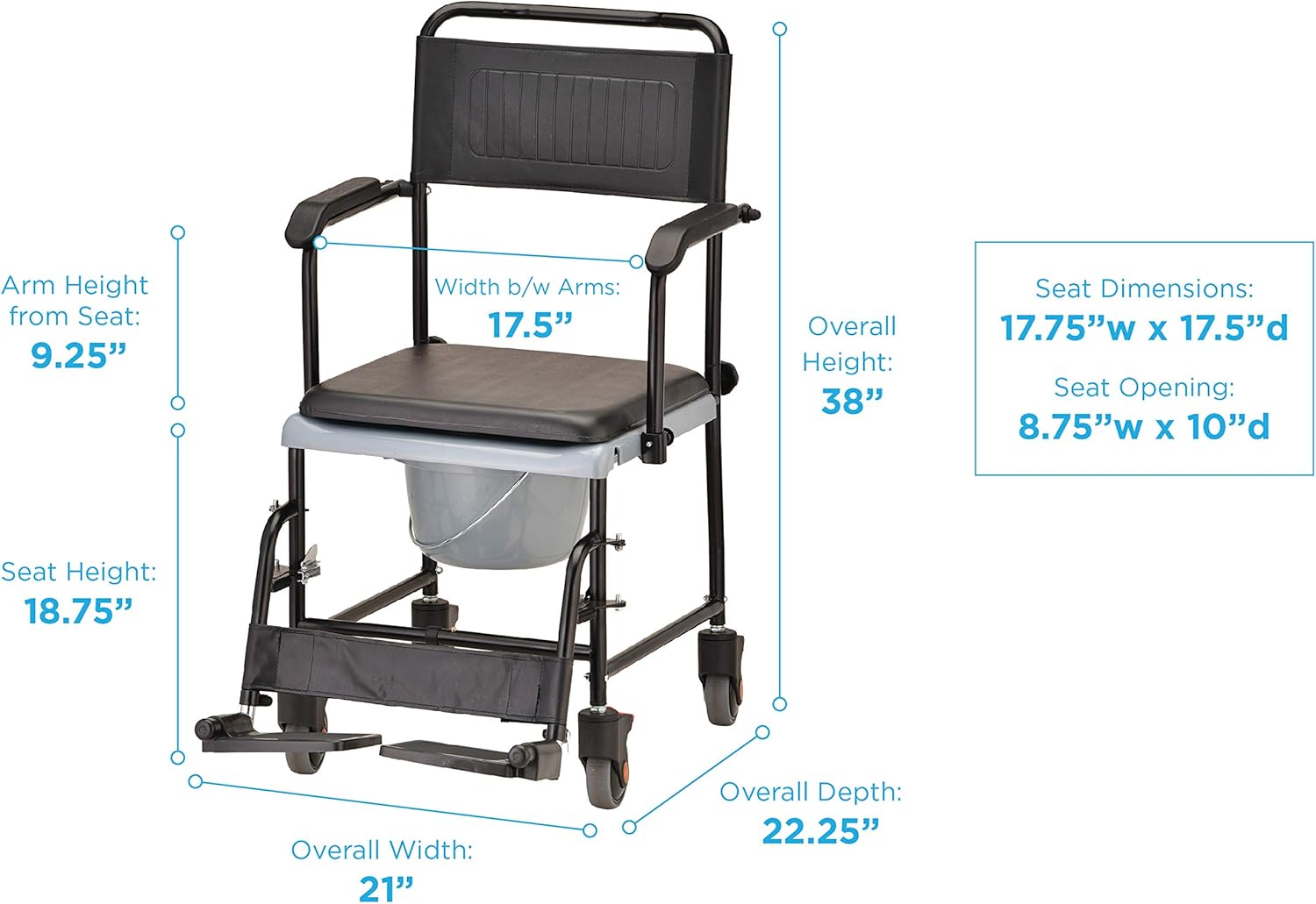Hammertone Transport Chair Commode with Locking Wheels and Removable Padded Seat A220
