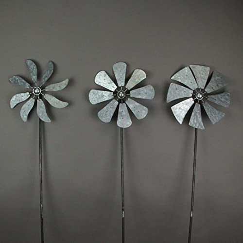 Set of 3 Galvanized Grey Wind Spinner Garden Stakes, 41 Inches High P366833