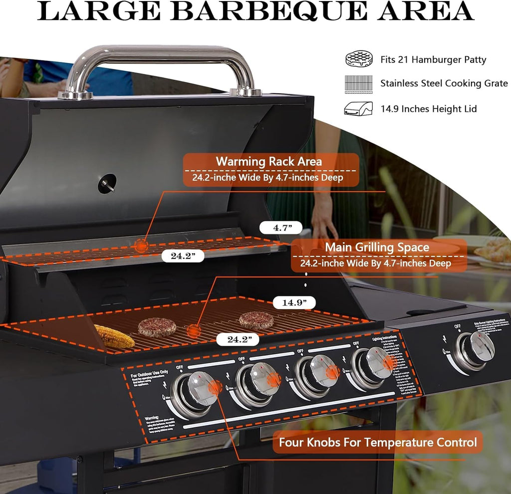 4-Burner Propane Gas BBQ Grill with Side Burner, Cast Iron 50,000 BTU Stainless Steel Grates P59496