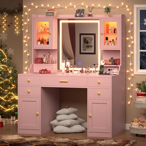 White Makeup Vanity Desk with Mirror and Lights, Large Vanity Table Set with Charging Station, Dressing Table with RGB Cabinets, 3 LED Lights Modes M39437