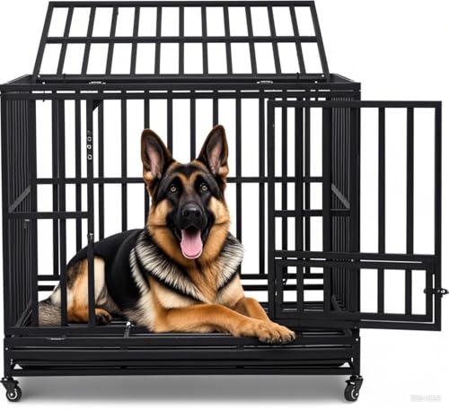 42" Large Metal Wire Dog Crate with Lockable Wheels, Double Door J74281