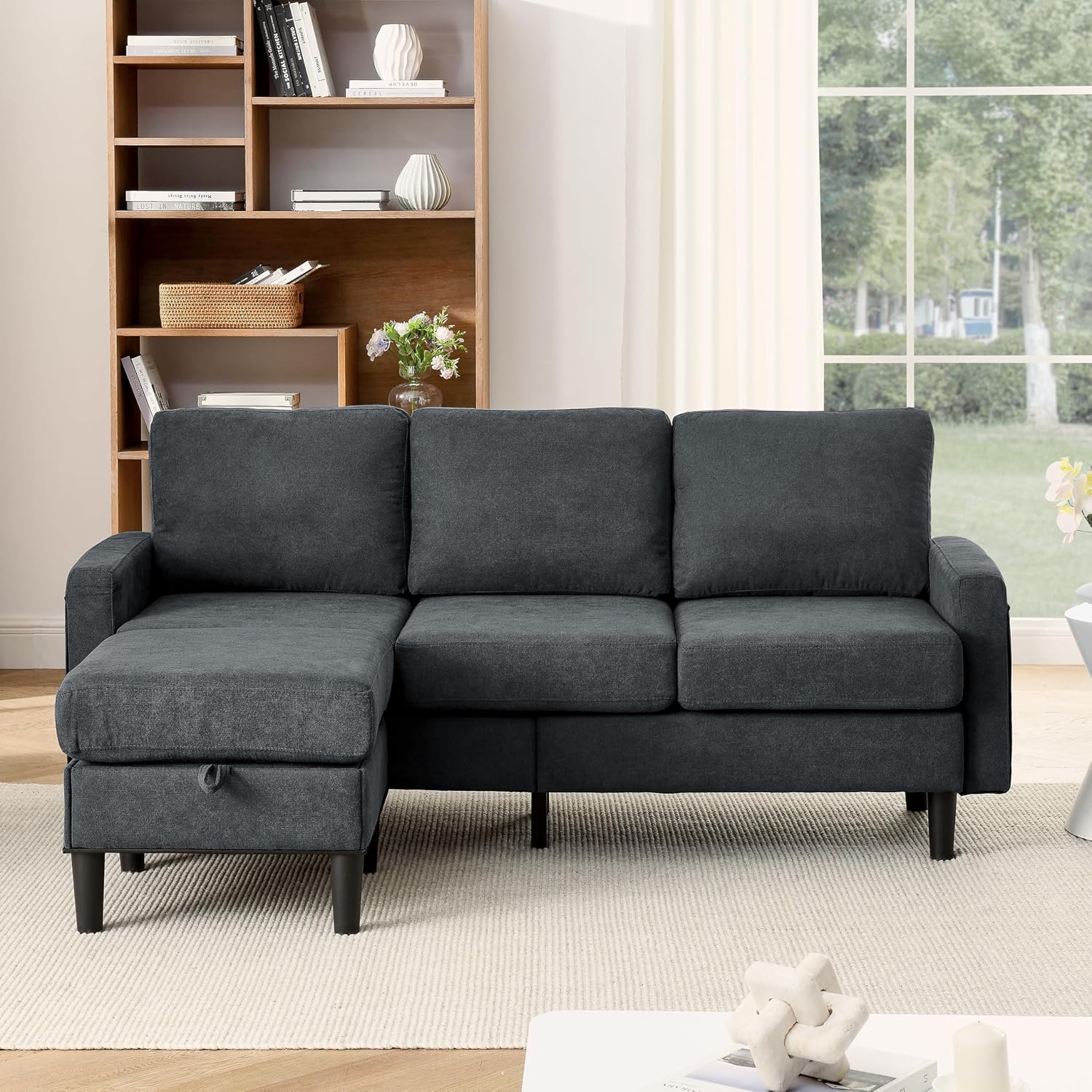 Dark Gray Fabric L Shaped Sectional Sofa with Storage Ottoman Y9257