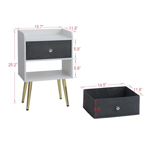 White Nightstand with Drawer Fabric Cabinet Storage with Sliding Drawers and Shelf C538545