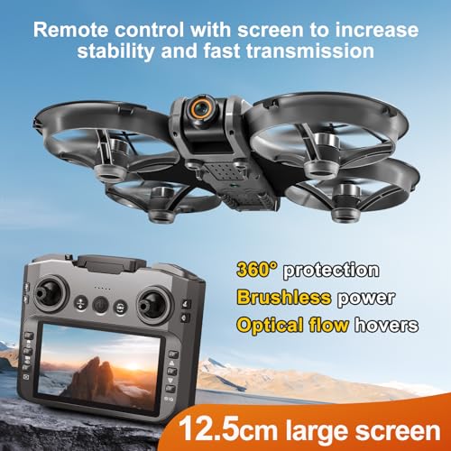 RC Drone with Screen On Controller, Brushless Motor Drone with Dual Cameras H1469