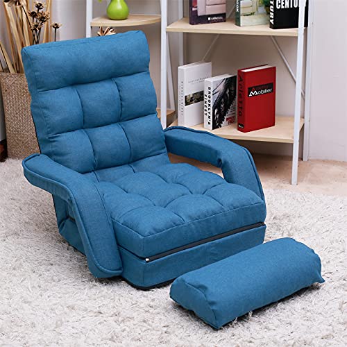 Blue Adjustable Folding Chaise Lounge Sofa with Armrests and Pillow B142