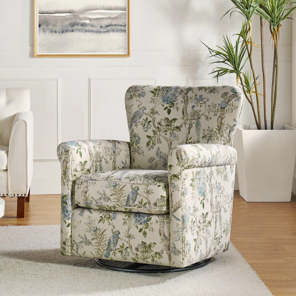 Floral Fabric Swivel Rocker Chair with Rolled Armrest R717759