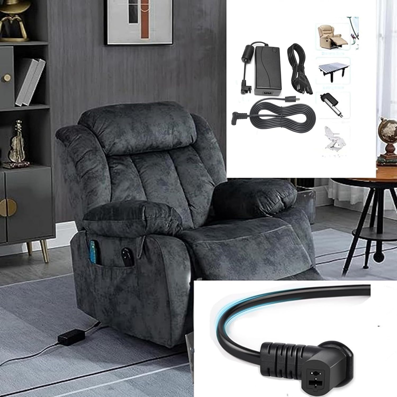 2-Pin Power Adapter with Extension L Shape Cable Cord for Lift Chair I87723