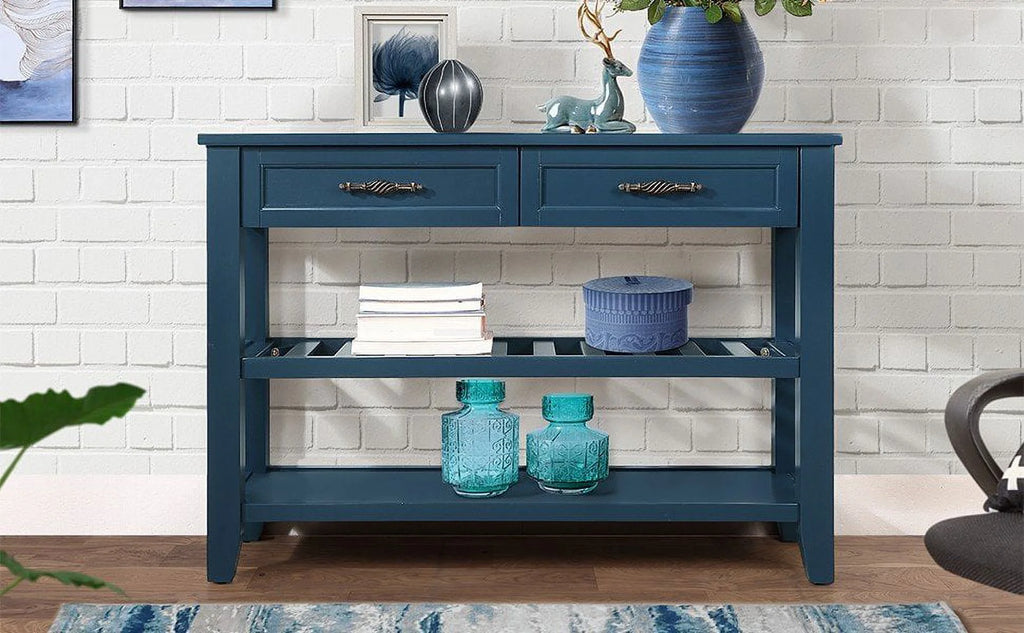 Navy Blue 42'' Solid Wood Console Sofa Table with 2 Drawers and 2 Shelves D790