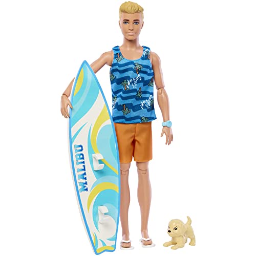 Poseable Blonde Ken Beach Doll with Surfboard and Pet Puppy O3061
