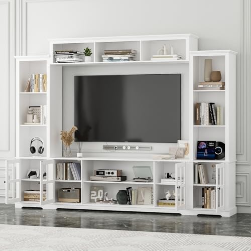 Grey 102" W Large Farmhouse TV Stand with Glass Doors T6774