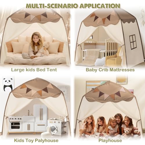 Cream Extra Large Kids Play Tent with Flags & Star Lights, 59x39x59 in H711292