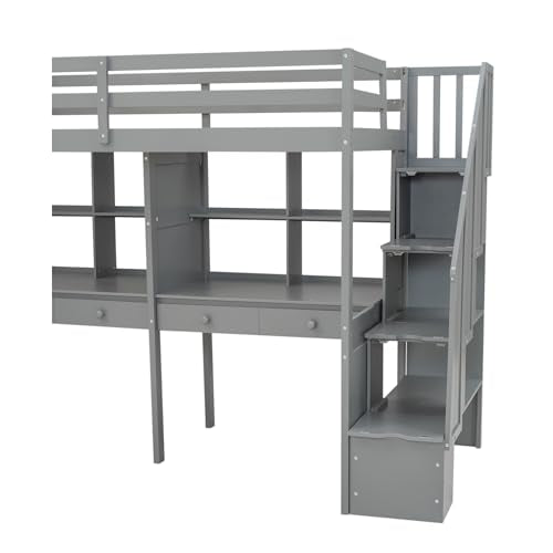 Gray Full Size Wood Loft Bed with Desk, Wardrobe and Three Storage Drawers K396673
