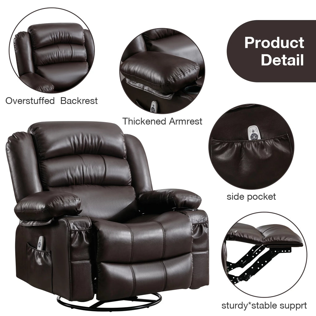 Brown Ergonomic Swivel Rocker Recliner Chair with Vibration Massage and Heat C79824