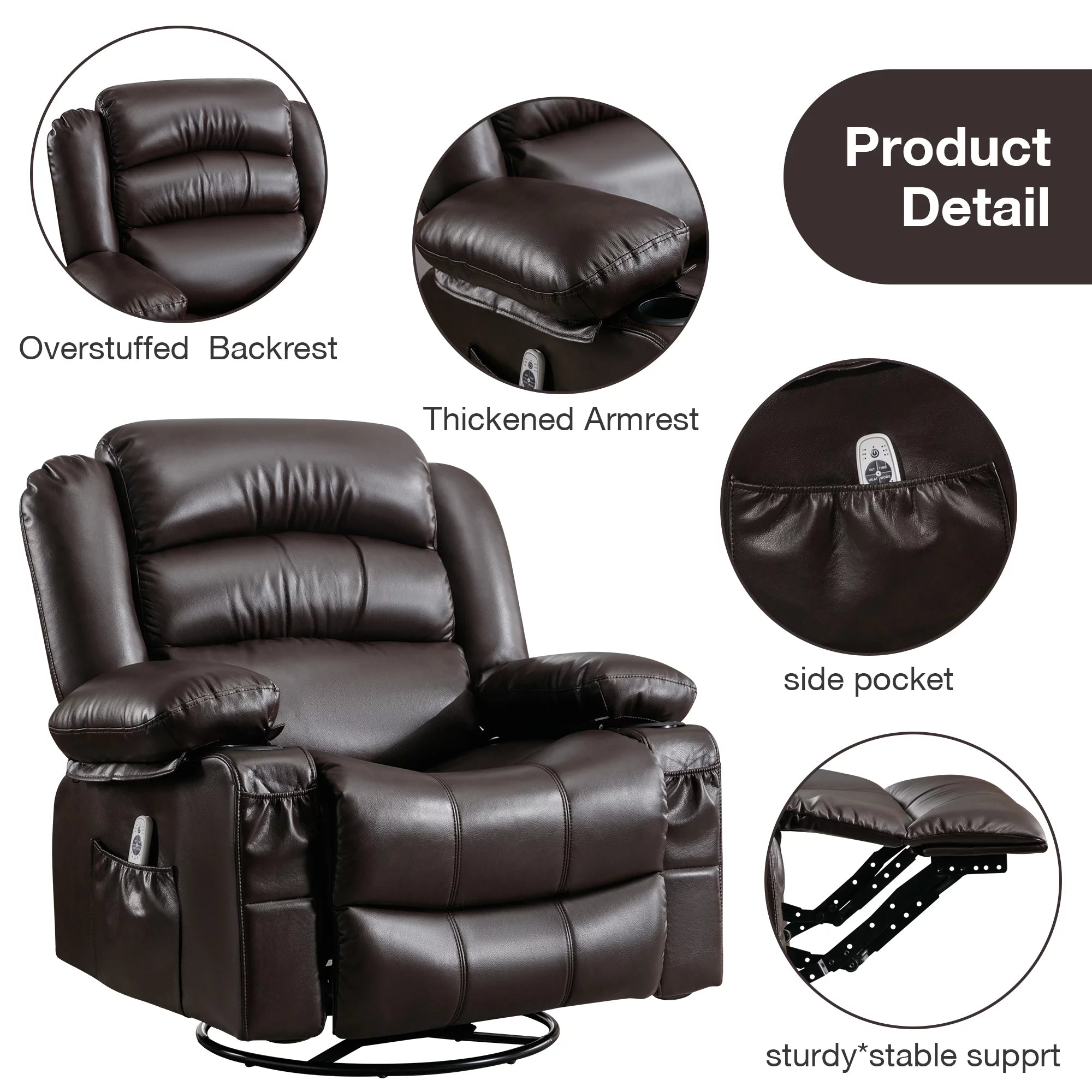 Brown Ergonomic Swivel Rocker Recliner Chair with Vibration Massage and Heat C79824