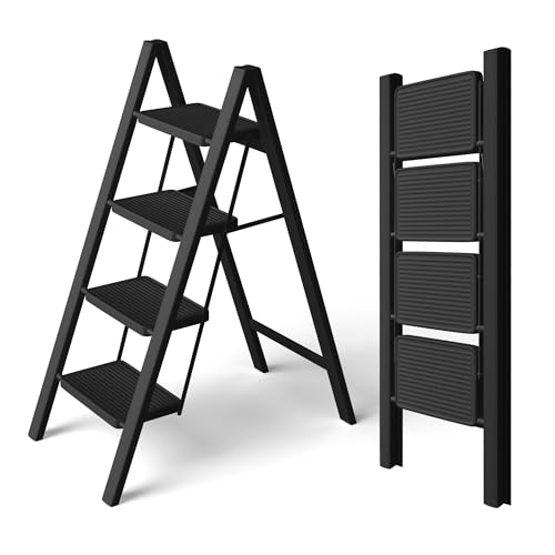 Black Steel Folding Step Ladder with Anti-Slip Wide Pedal F93590