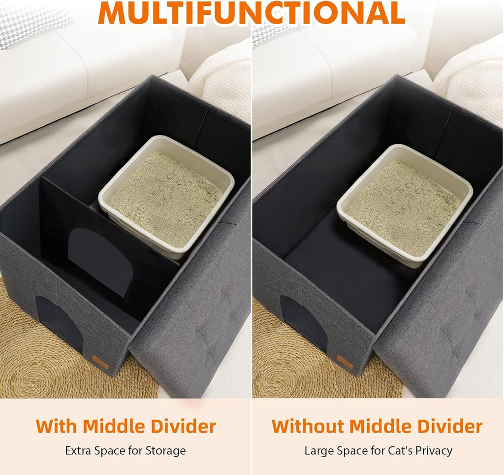 Gray Cat Litter Box Enclosure Furniture Ottoman with Flip-Up Lid (30 x 20 x 20 Inches) F12788