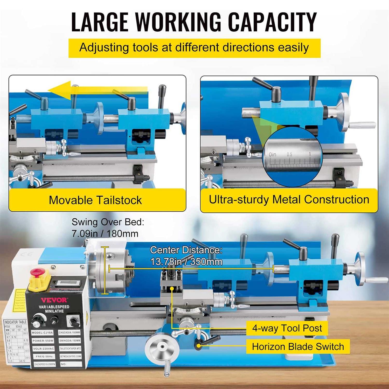 Mini Metal Lathe 7x14 Benchtop 550W Variable Speed Metal Lathe O460