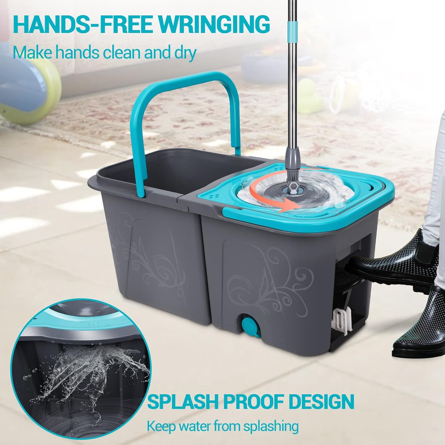 Spin Mop and Bucket with Wringer Set, Microfiber Mop Bucket with 6 Replacement Refills H294850