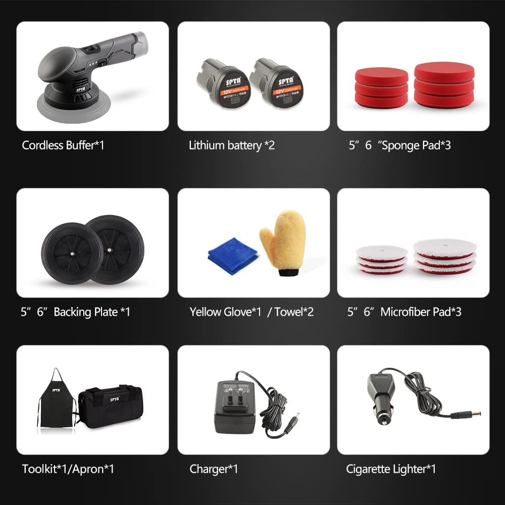 Cordless Car Buffer Polisher with 2Pcs 12V Lithium Rechargeable Battery Brushless Polisher, 2.0Ah T105657