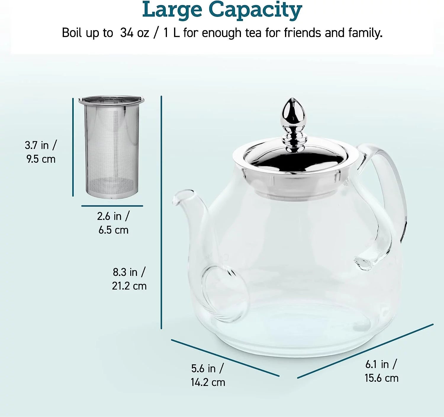 Glass Teapot Stovetop Gooseneck Kettle with Removable Stainless Steel Infuser, Borosilicate, 1000 ml, Transparent D5339