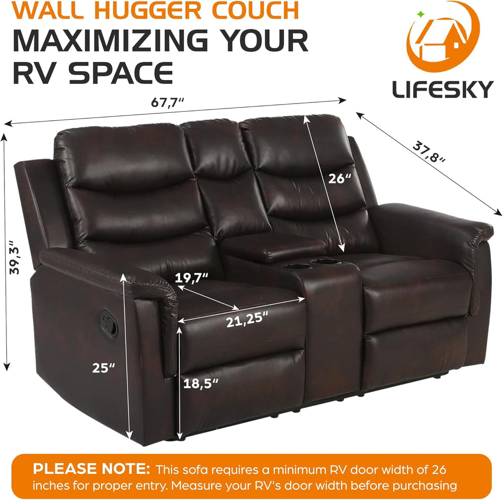 68" Wall Hugger RV Couch with Console Cup Holder Double Seat Reclining Chair Browm I763