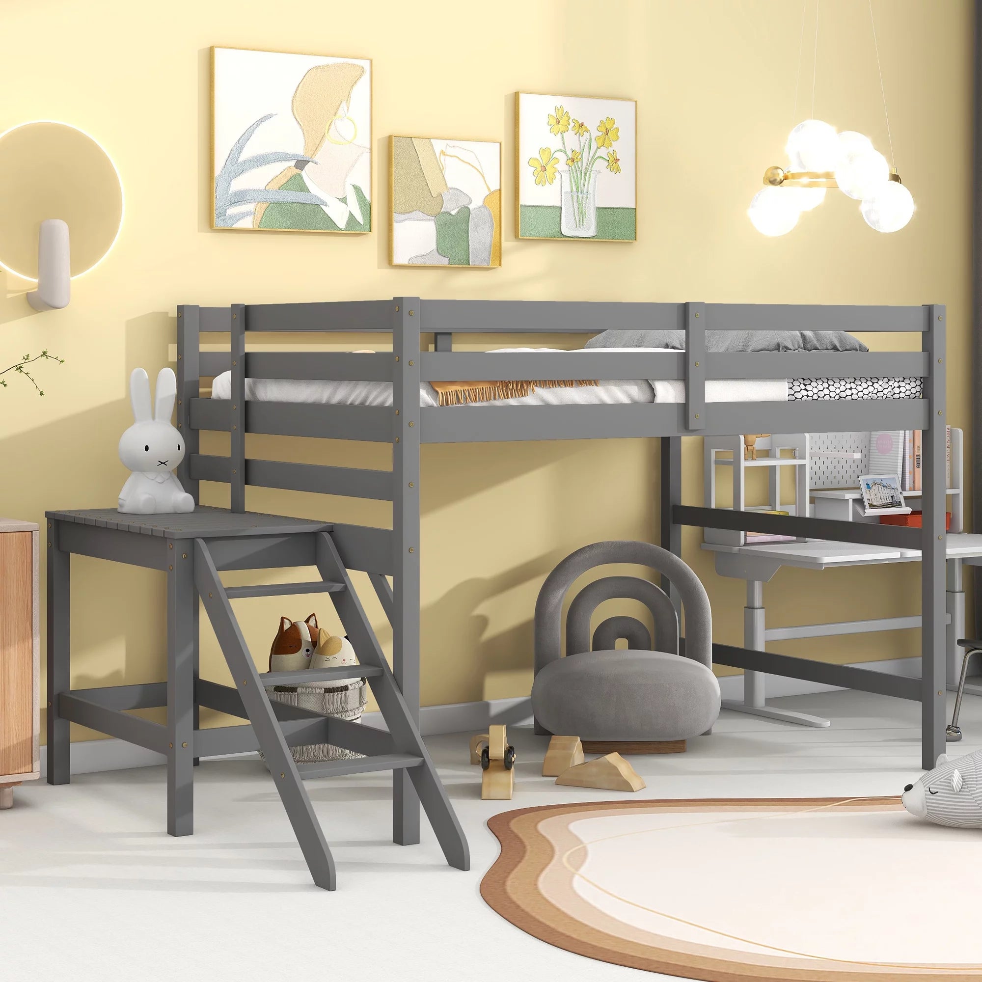 Gray Full Wood Loft Bed with Safety Rail and Ladder H69359