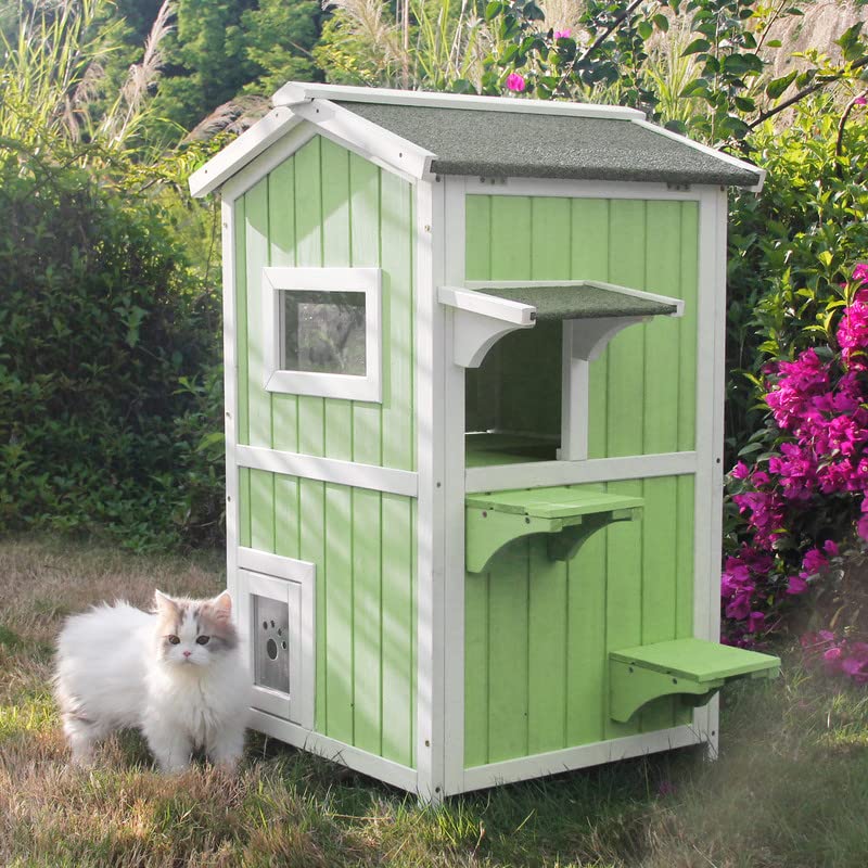 Outdoor Cat Shelter Weatherproof Two Story Wooden Cat House with Openable Roof Escape Door A940511