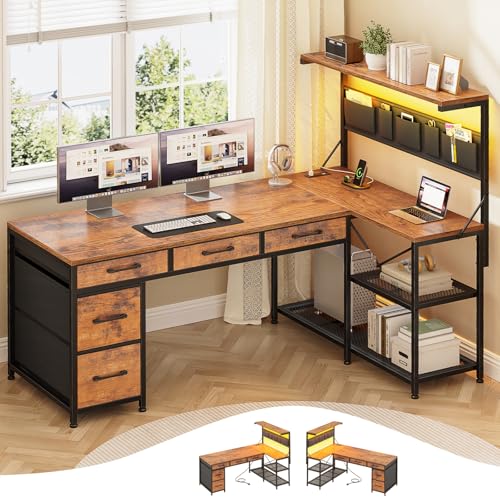 Black L Shaped Gaming Desk with 5 Drawers, Storage Shelves, LED Lights, Power Outlets and Storage Bag N67449