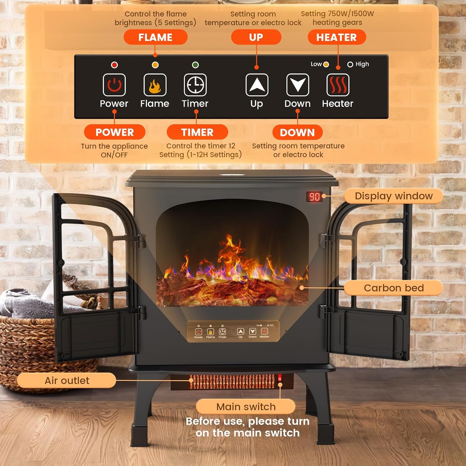 24'' Electric Fireplace Heater with Remote Control, 3D Realistic Flame, 750/1500W M172899