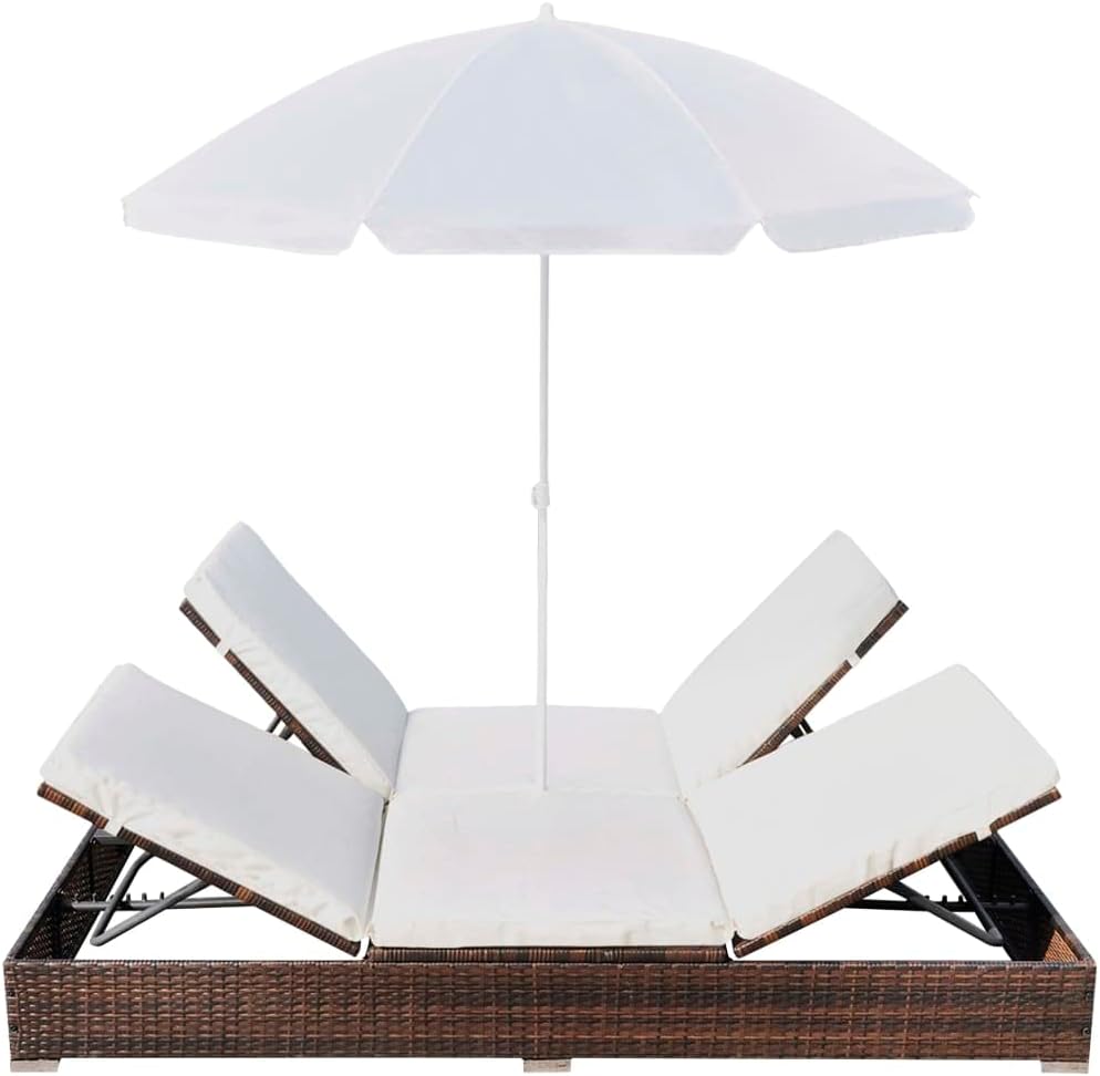 Brown Poly Rattan 2-Person Sun Lounger with Cushion and Umbrella M204