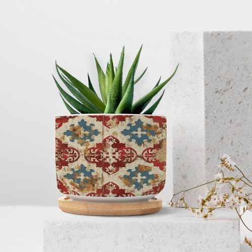 Blue And White Porcelain Ceramic Round Plant Pot with Drainage Holes And Bamboo Tray E588578