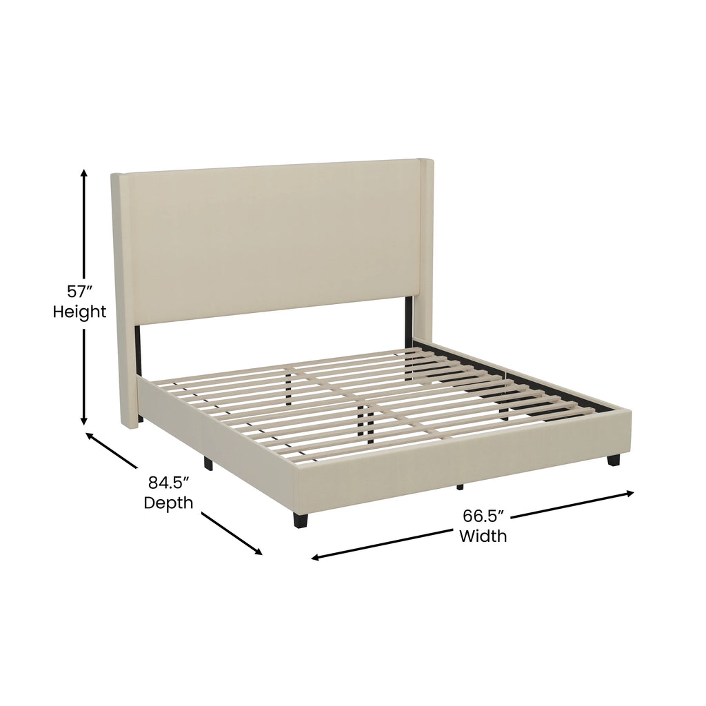 Beige Queen Size Platform Bed Frame with Padded Faux Linen Upholstered Wingback Headboard J85228