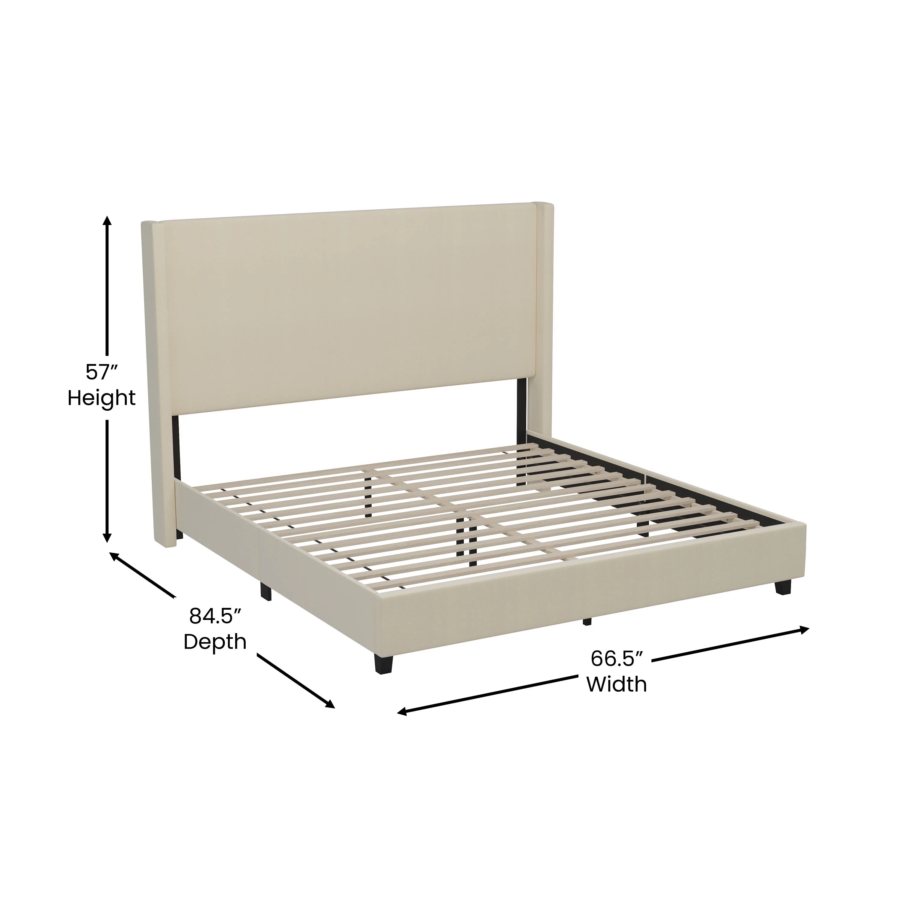 Beige Queen Size Platform Bed Frame with Padded Faux Linen Upholstered Wingback Headboard J85228